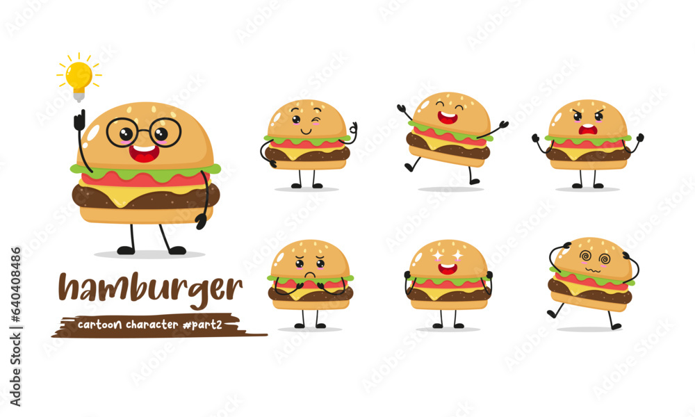 Wall mural cute hamburger cartoon with many expressions. cheeseburger different activity pose vector illustrati