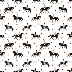 Seamless Pattern, riding school students, trotting, black and white vector illustration
