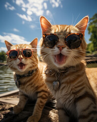 cats and dog wearing sunglasses in trendy clothes, summer, sandy beach, smiling, happy