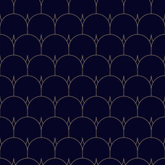 Golden minimal vector geometric seamless pattern. Art deco style background with thin curved lines, grid, peacock ornament. Subtle black and gold abstract texture. Simple luxury repeat geo design