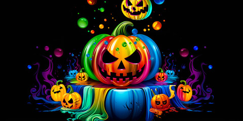 Halloween background, many colorful jack o lanterns pumpkins different scary carved faces pattern.