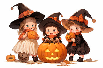 Cartoon cute children in costumes Trick or Treating with jack o lantern on white background