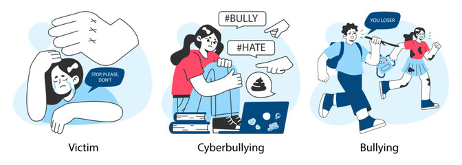 Obraz premium School bullying set. Upset victim being bullied and shamed by others