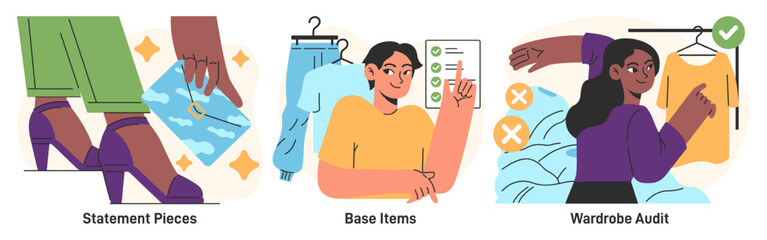 Capsule wardrobe set. Character choose or collect sets of clothes, making