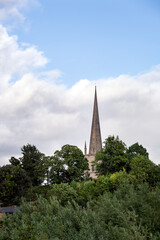 St Mary the Virgin's church spire in Ross-on-Wye on a cloudy summer day, Herefordshire, England
