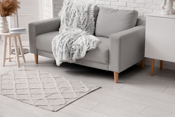 Interior of light living room with stylish rug and grey sofa