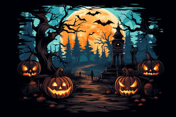 Fototapeta premium Halloween background of Halloween pumpkins with cut out faces. Glow and spooky tree. Moon and fog