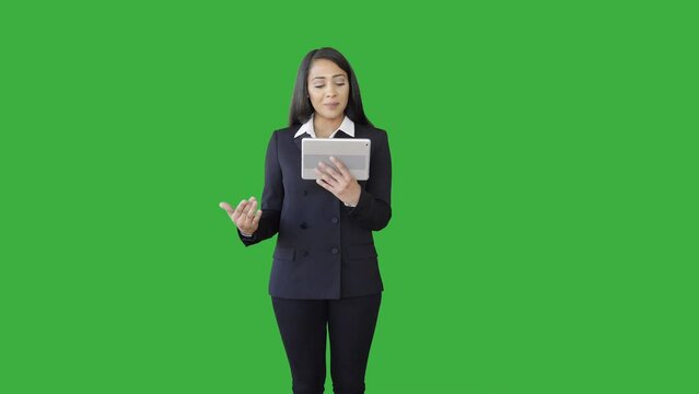Portrait of Young Woman in Suit Isolated on Green Screen Background