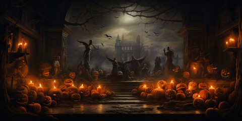 Old Haunted house in spooky dark forest. Full moon. Halloween concept