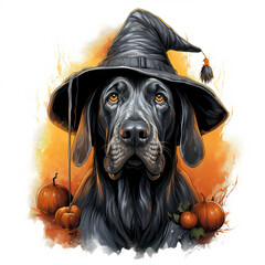 Lush detailed vector illustration of Halloween celebration of cute great dane dressed as a witch in t-shirt design. Halloween t-shirt designs that capture the essence of the festive spirit. - obrazy, fototapety, plakaty