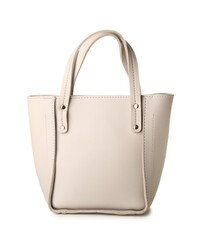 Stylish beige handbag on white background