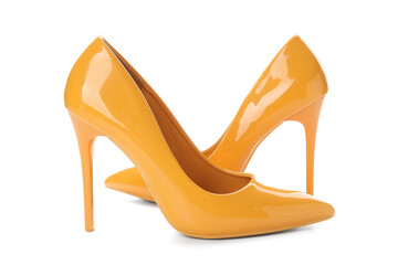 Stylish yellow high heels on white background