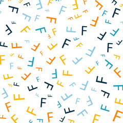 Seamless abstract F letter vector geometric pattern. Colorful letters on white background. Random order. Gift wrapping paper, fabric, poster. Bed linen and interior. School and learning theme.