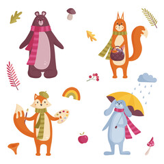 Cute cartoon style autumn set with animals. Set with bear, squirrel, fox and rabbit.