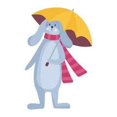 Cute hare character with pink scarf, yellow wellington boots and yellow umbrella. Animal character in cartoon style.
