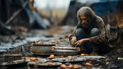 Poverty in the world, very poor people with little food and water give charity
 - obrazy, fototapety, plakaty