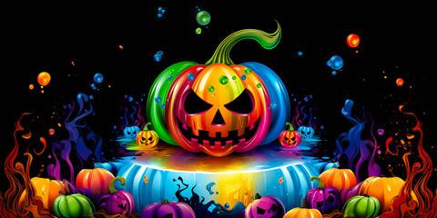 Fototapeta na wymiar Halloween background, many colorful jack o lanterns pumpkins different scary carved faces pattern.