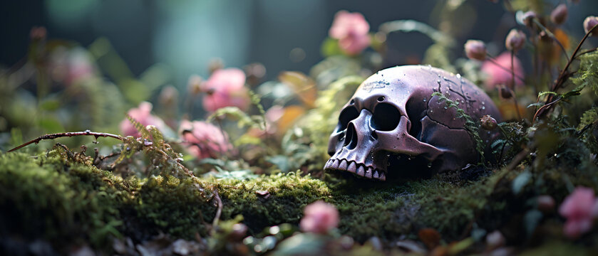 Narure close-up of Skull, Halloween Background, Floral Skull, cover photo, banner, Día de los Muertos, Day of the Dead -AI generated image