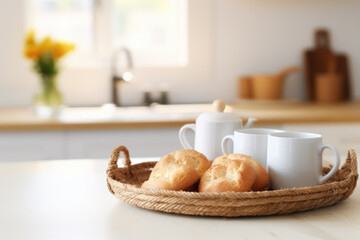 Fototapeta na wymiar Picture of basket filled with bread and cups placed on kitchen counter. This image can be used to depict cozy home setting or to showcase delicious breakfast spread.