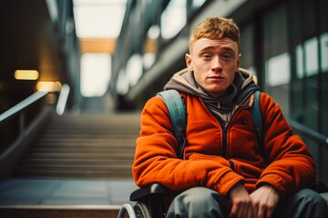 Portrait of a person with disability on stairs. Young male in wheelchair in front of stairs.
