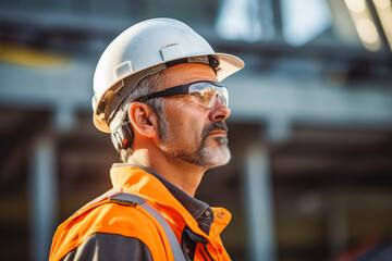 Worker in safety helmet and glasses looking toward the horizon and thinking. Professional construction worker looking into the distance.