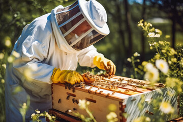 Man beekeeper harvesting honey in apiary clothes.