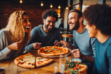 Friends enjoying pizza for dinner together. Gathered around the table a group of friends indulges in a pizza.