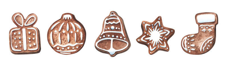 Big set of different gingerbread cookies. Watercolor illustrations of Christnmas cookies - houses, present, ball, snowflake, bell, sock. Hand-drawn collection for Christmas or New Year decoration