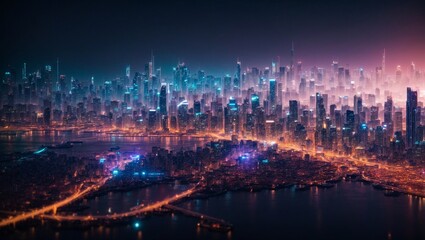 Fototapeta na wymiar A futuristic, cyberpunk cityscape of polygonal bitcoin shapes, illuminated by a bright, neon glow.