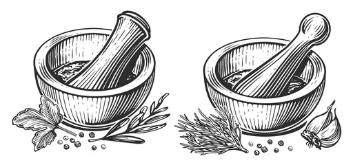 Mortar and pestle engraving style. Herbs and spices. Hand drawn sketch vintage illustration - obrazy, fototapety, plakaty