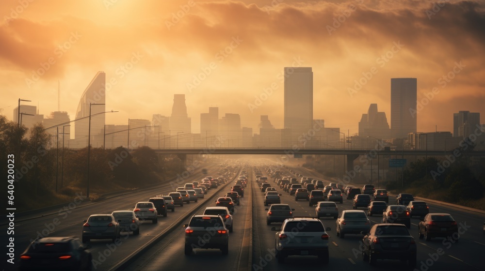 Wall mural a highway filled with lots of traffic next to tall buildings. digital image.