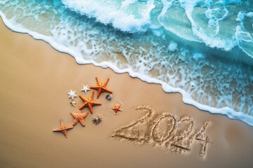 Aerial view of beautiful tropical beach and ocean with wave, starfish and 2024 written in sand. Happy New Year Concept  - obrazy, fototapety, plakaty