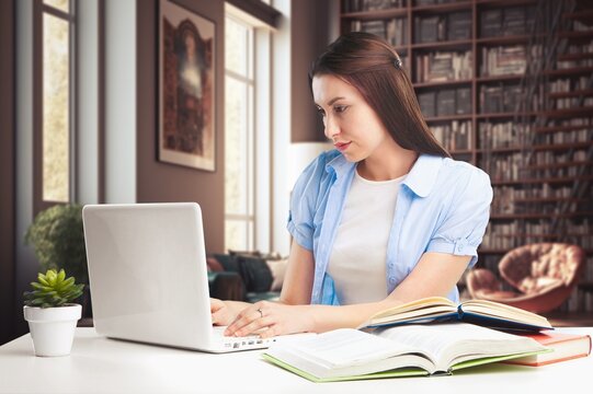 Positive beautiful teenage student watching online class, AI generated image