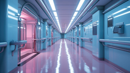 A long hallway with blue walls and pink floors. Digital image.