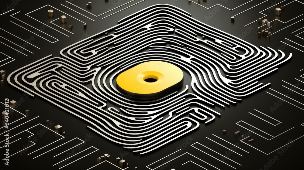 Poster computer chip with fingerprint labytinth pattern, isometric projection. digital security concept.