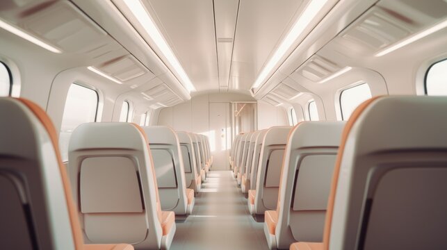 The inside of a train car with rows of seats. Digital image.