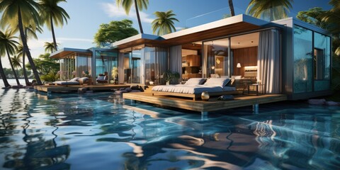 A couple of floating houses in the middle of a body of water. Digital image.