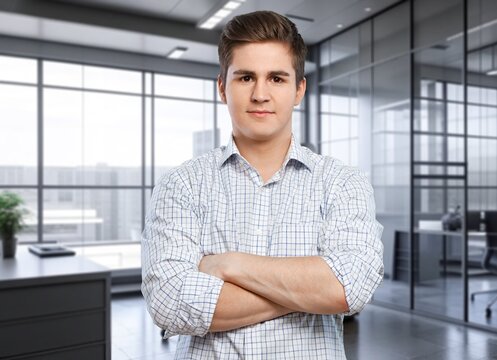 portrait of a confident businessman in modern office background, AI generated image