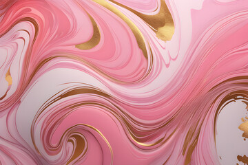 Pink and coral colors mix gracefully with gold powder in this abstract marbling background