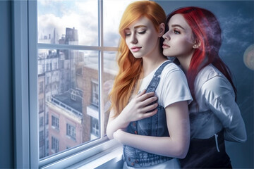 Loving Embrace: Young Lesbian Couple Cherishing Their Connection by the Outdoor Window, ai generative