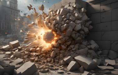 Dynamic Stone Wall Explosion with Flying Debris