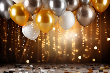 Glamorous Balloon Backdrop: Luxurious Gold and Silver Metallic Party Decor with String Lights