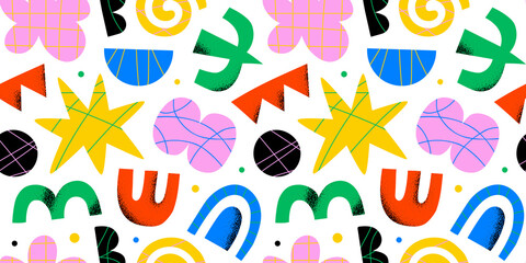 Abstract organic shape seamless pattern with colorful geometric doodles. Flat cartoon background, simple random shapes in bright childish colors.
