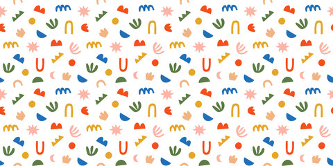 Abstract modern art seamless pattern with colorful freehand doodles. Organic flat cartoon background, simple summer shapes in bright childish colors. 