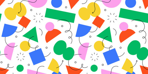 Abstract geometric shape seamless pattern with colorful doodles. Flat cartoon background, simple modern art shapes in bright childish colors. Creative print texture, contemporary backdrop design.	