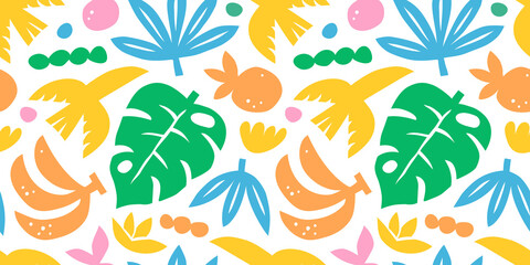 Abstract summer art seamless pattern with colorful nature doodles. Organic flat cartoon background, tropical vacation shapes in bright childish colors. Floral hawaiian print, exotic travel texture. - obrazy, fototapety, plakaty