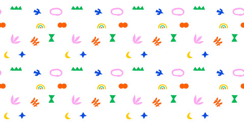 Fun colorful doodle seamless pattern. Creative retro style art background for children or trendy design with geometric shapes. Simple vintage childish backdrop.