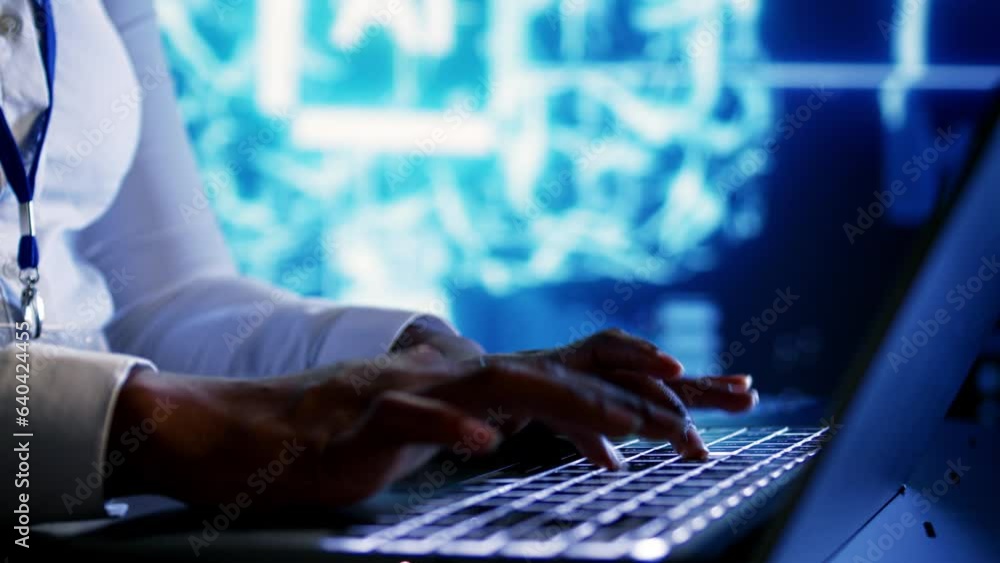 Poster trained specialist using laptop to maintenance artificial intelligence neural networks made up of ar