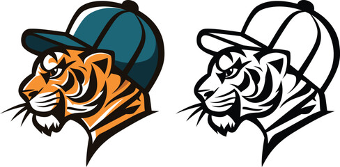 Fototapeta na wymiar tiger wearing a baseball cap side view simple logo template vector illustration, Leopard , tiger wearing a baseball sports hat stock vector image