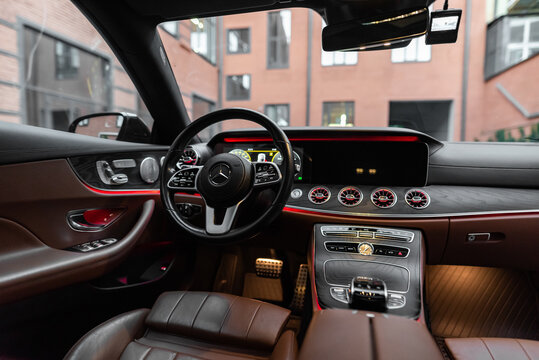 Mercedes-Benz E 200. Interior inside the car. Line of cars from the German automaker Mercedes-Benz. Rostov-on-Don 26aug2023